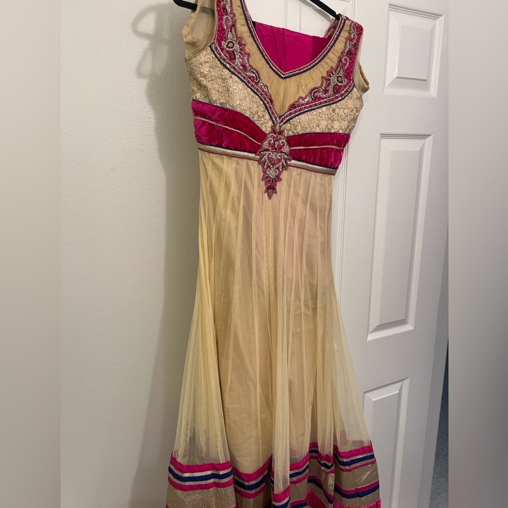 Elegant Cream and Pink Embroidered Dress